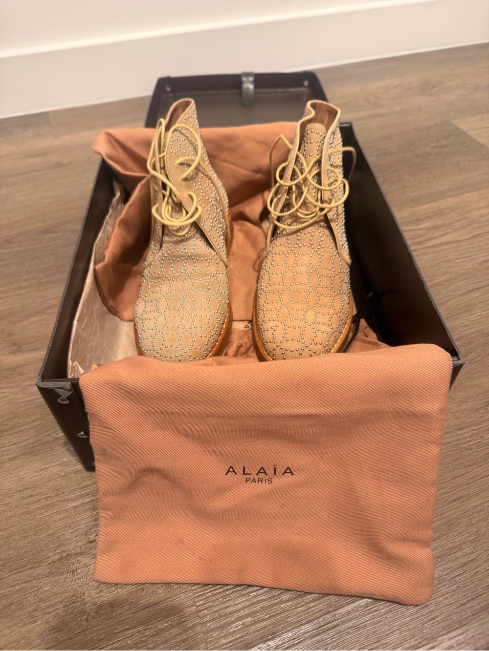 Alaïa Beige Studded Lace-Up Women's Boots
